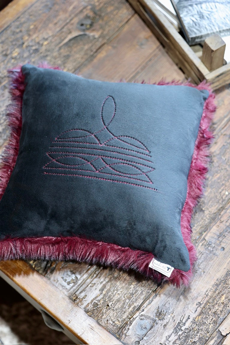 Boot Stitch Pillow | Black with Cherry Bear Teddy Fur