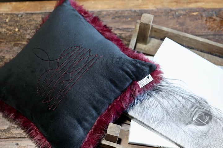 Boot Stitch Pillow | Black with Cherry Bear Teddy Fur